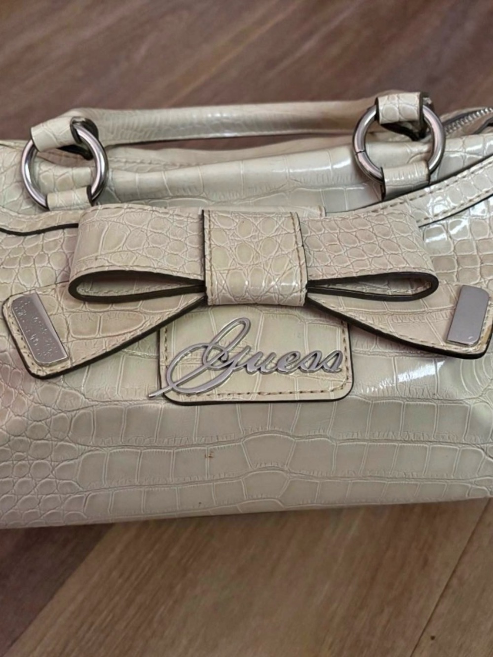 GUESS Cream Croc-Embossed Bow Handbag